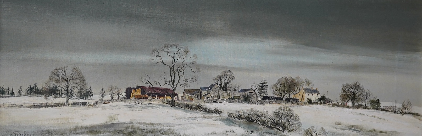 Michael Barnfather (b.1934), oil on canvas, Winter landscape with farm buildings, signed and dated '71, 37 x 105cm, gilt framed. Condition - good